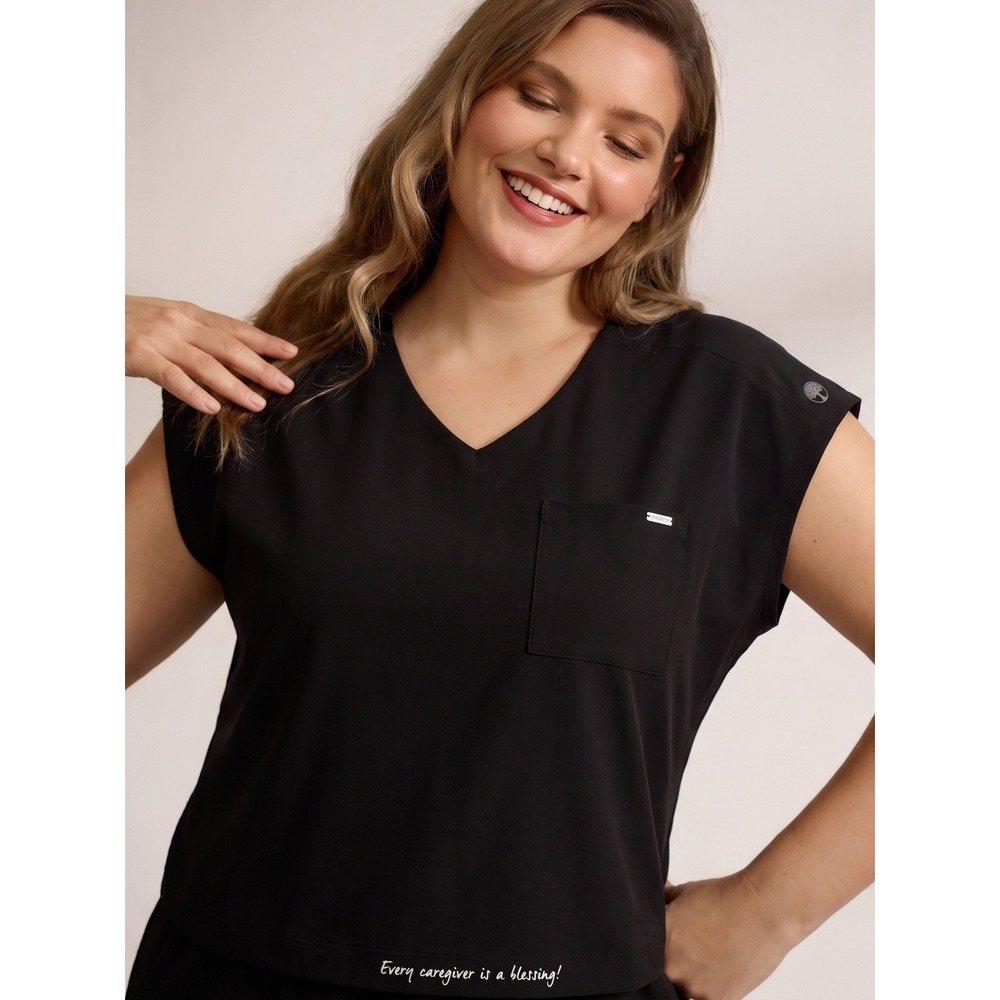 Healing Hands QUEST Dolman Black Scrubs Top Size Large Built In Bra Cap Sleeves